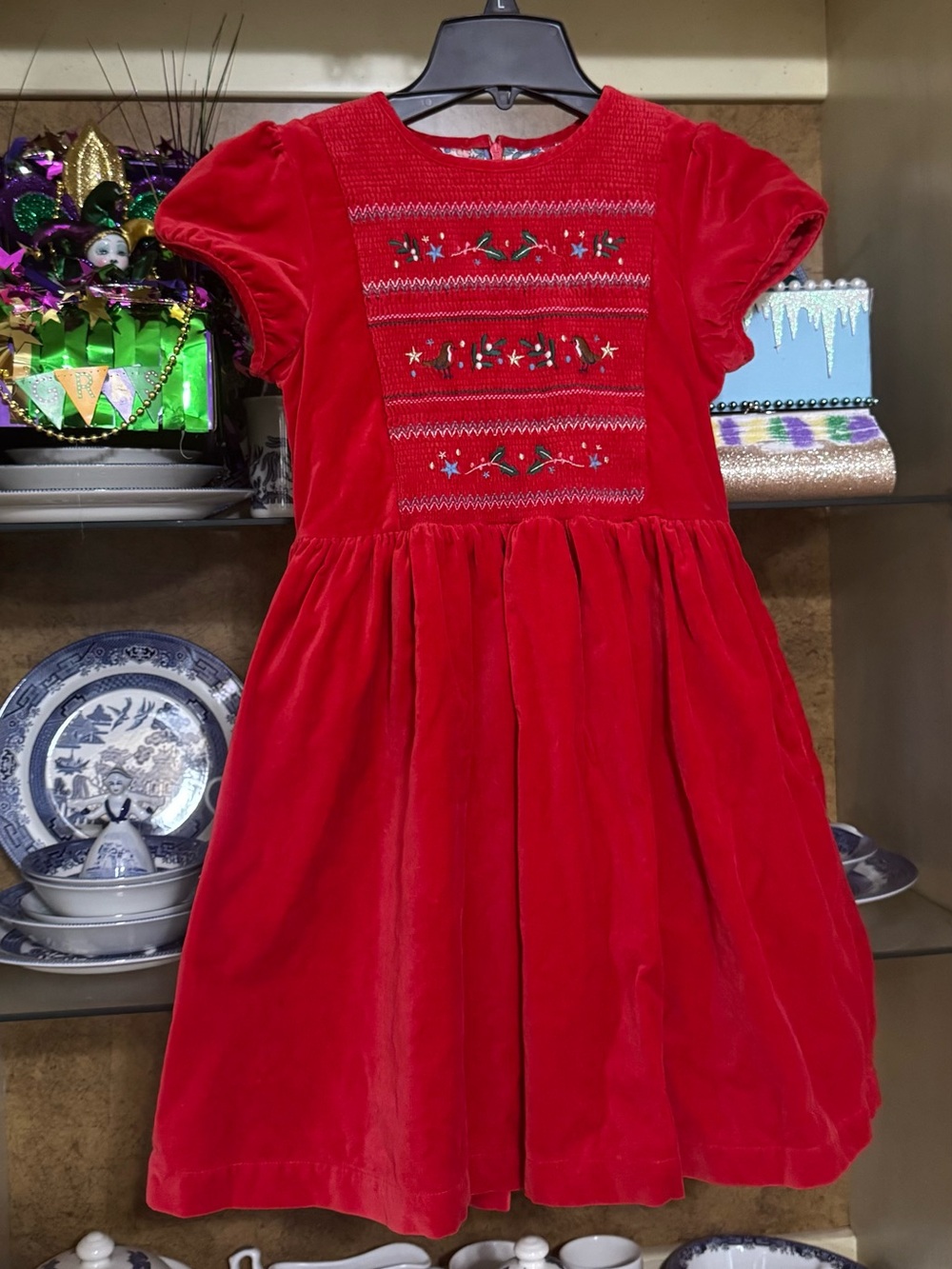 Mini Boden red velvet smocked Christmas Holiday dress 11-12y Girls